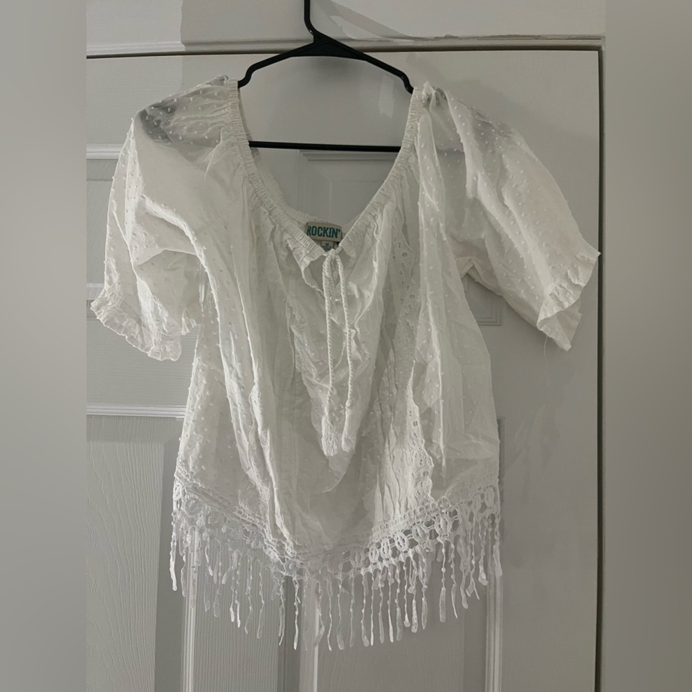 Women's White Lace Blouse with Fringe Hem